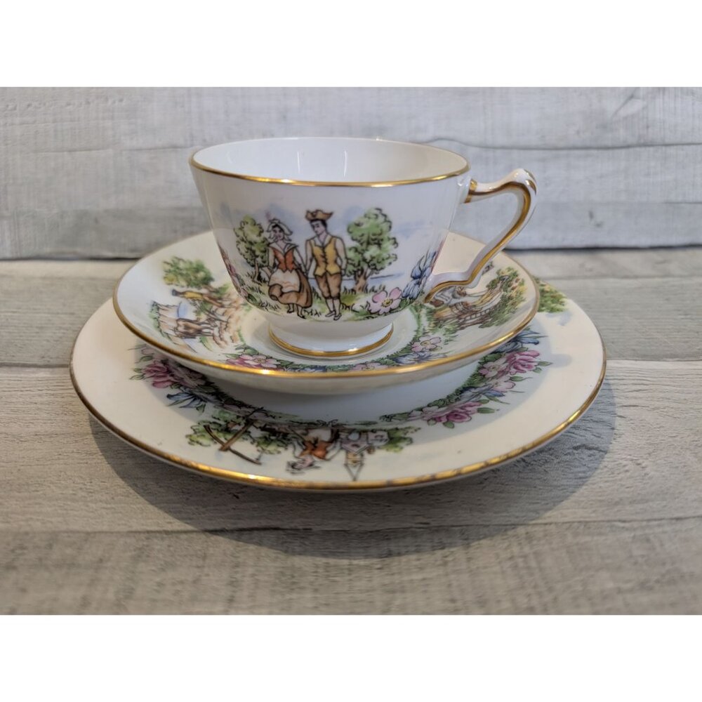 Vintage Staffordshire England Avon Scenes Tea Cup Saucer Side Plate Gold Trim